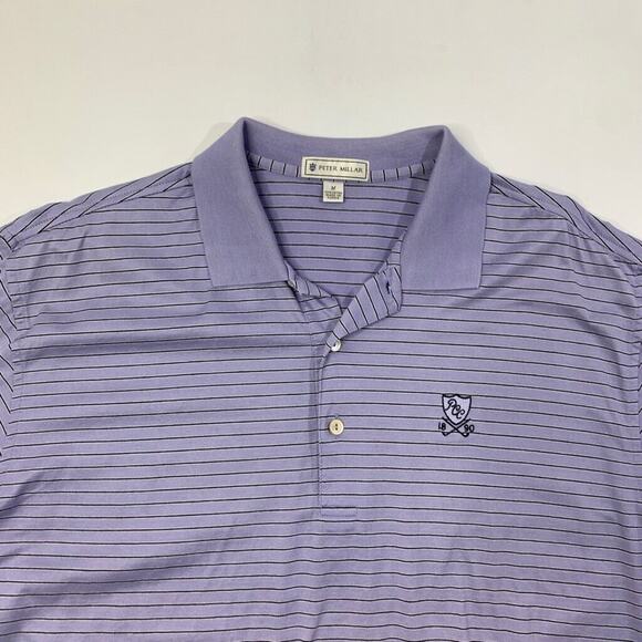 Peter Millar Polo Shirt Mens M Purple Cotton Black Striped Short Sleeve High Low - Picture 3 of 9